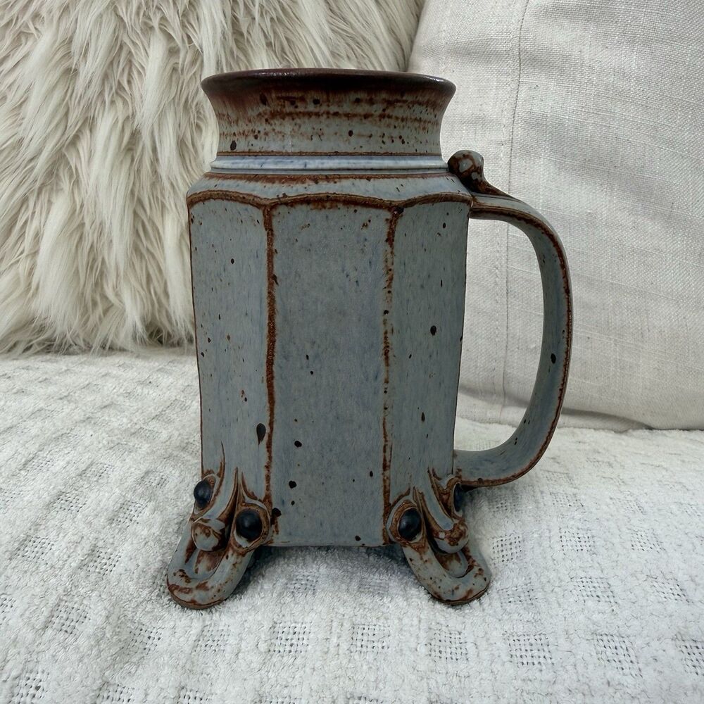 Ornate Pottery Pitcher Hand Thrown Four Corner Feet Mottled Blue Gray Signed